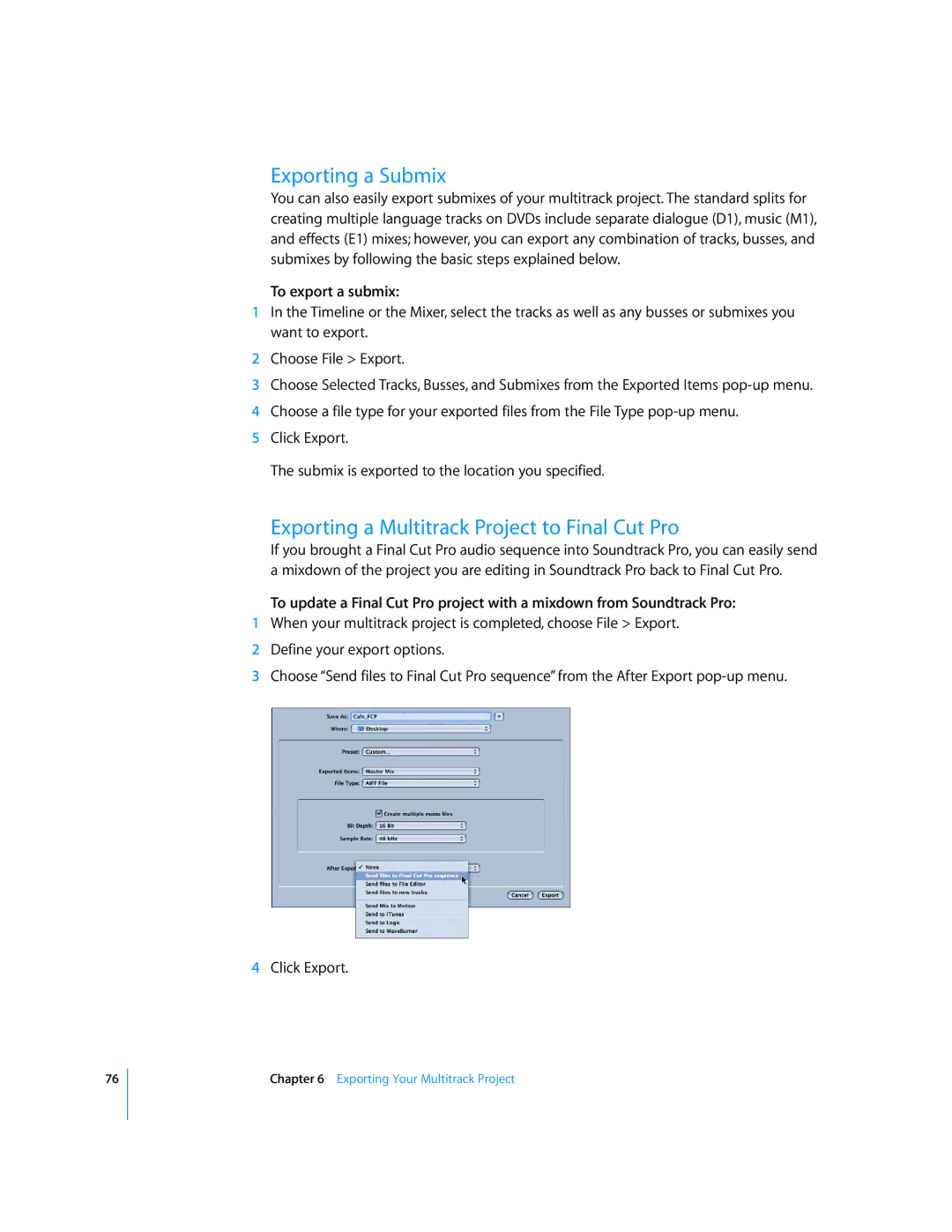 Apple 2 manual Exporting a Submix, Exporting a Multitrack Project to Final Cut Pro, To export a submix 