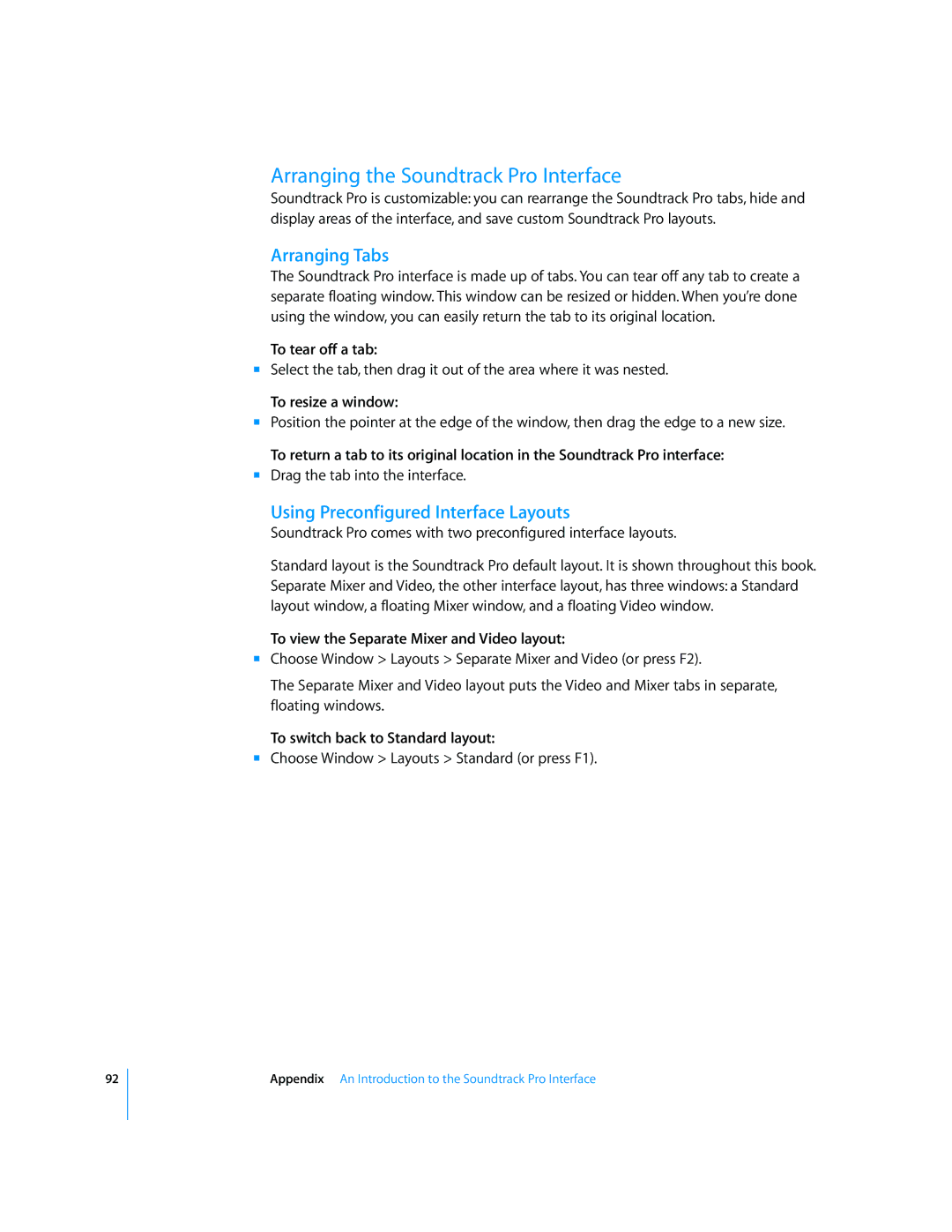 Apple 2 manual Arranging the Soundtrack Pro Interface, Arranging Tabs, Using Preconfigured Interface Layouts 