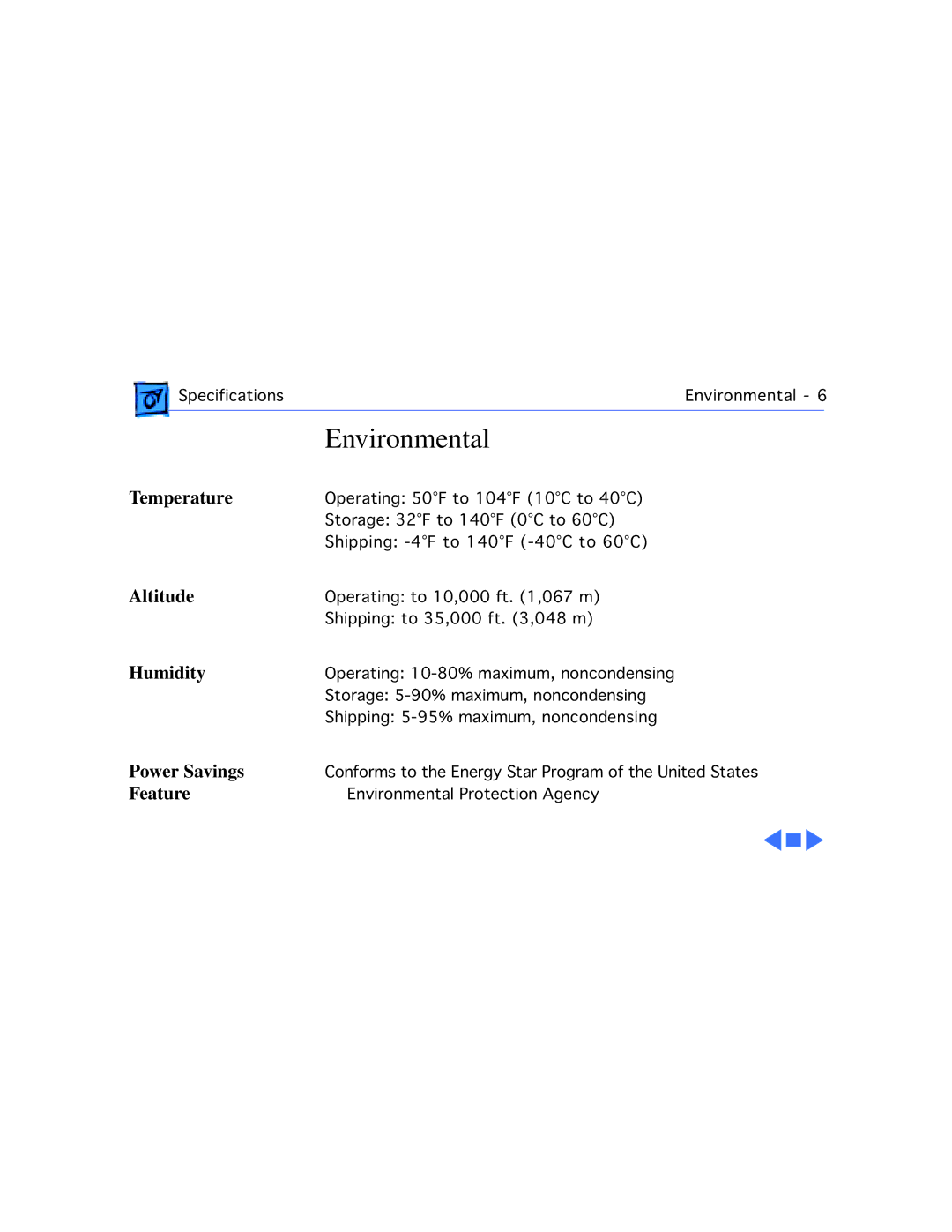 Apple 20 manual Environmental, Temperature 