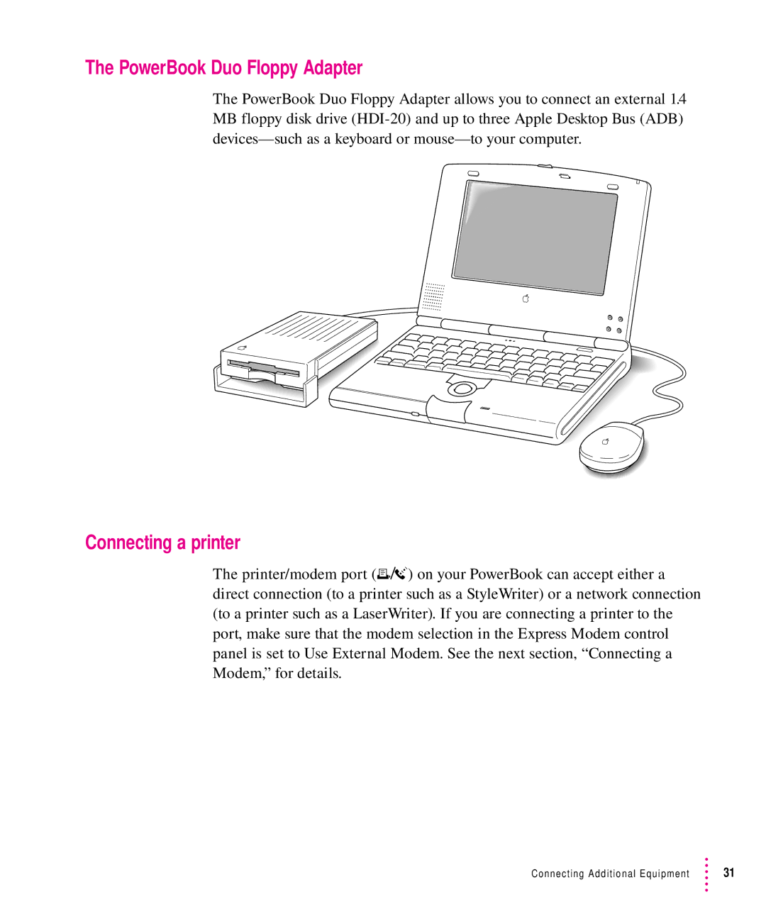 Apple 200 Series manual PowerBook Duo Floppy Adapter, Connecting a printer 