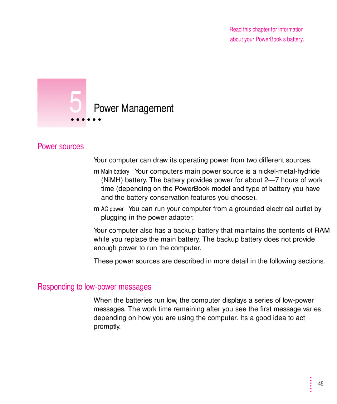 Apple 200 Series manual Power Management, Power sources, Responding to low-power messages 