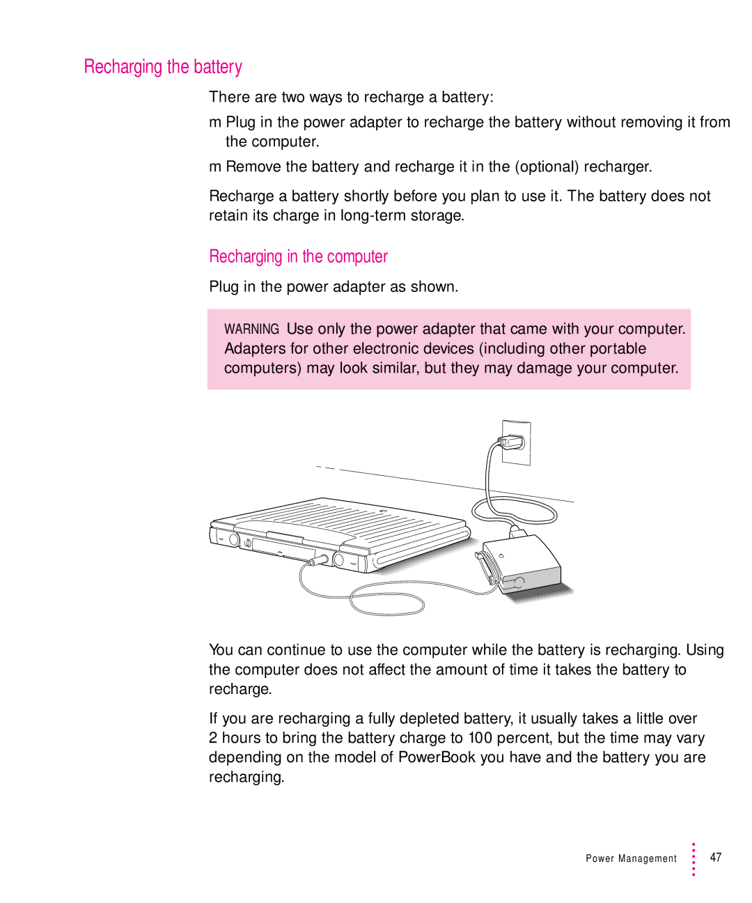 Apple 200 Series manual Recharging the battery, Recharging in the computer 