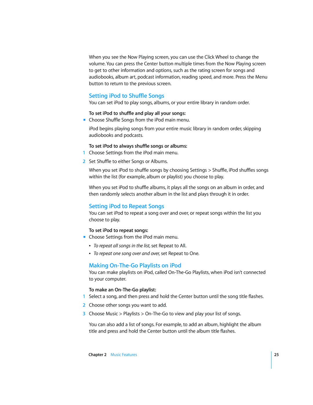 Apple 2006 manual Setting iPod to Shuffle Songs, Setting iPod to Repeat Songs, Making On-The-Go Playlists on iPod 