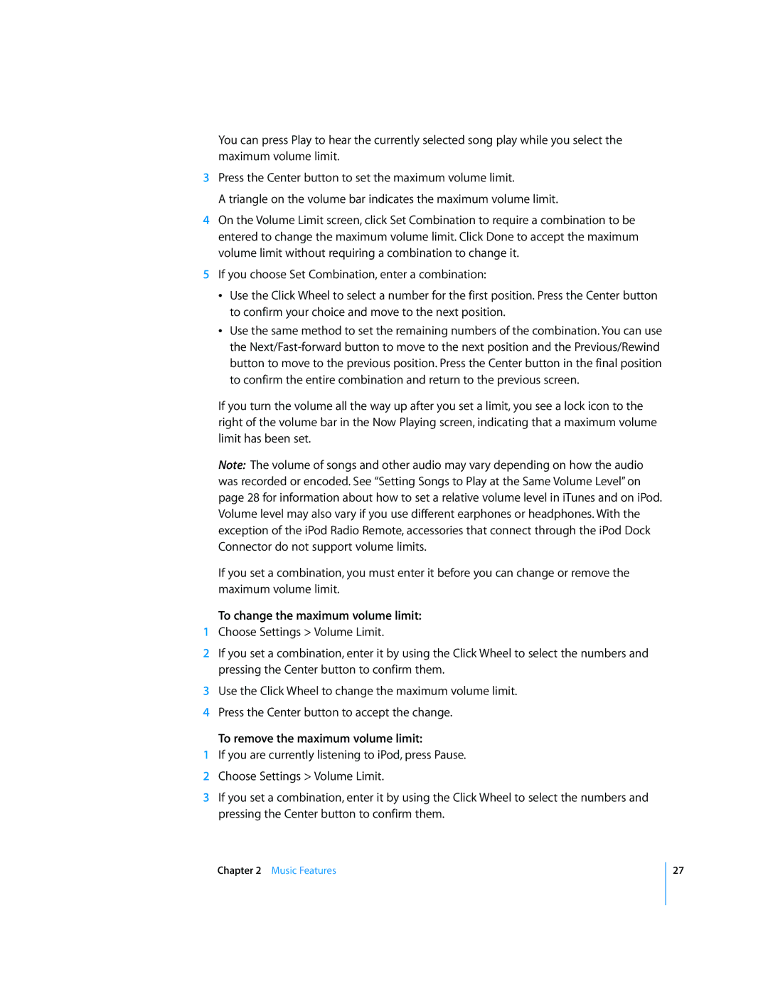 Apple 2006 manual To change the maximum volume limit, To remove the maximum volume limit 