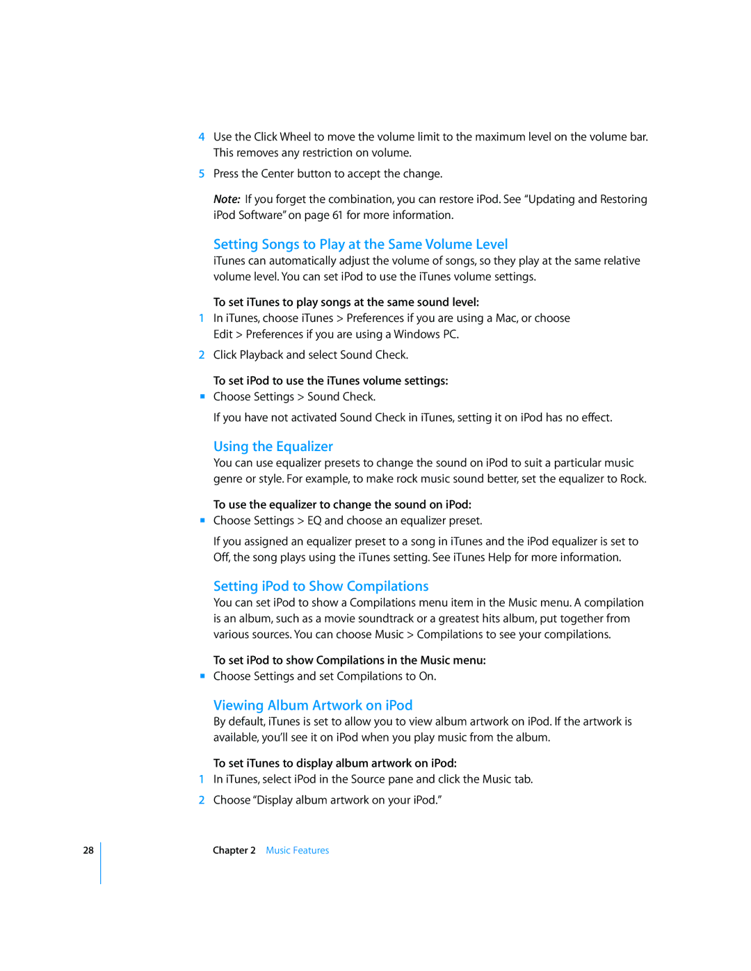 Apple 2006 manual Setting Songs to Play at the Same Volume Level, Using the Equalizer, Setting iPod to Show Compilations 