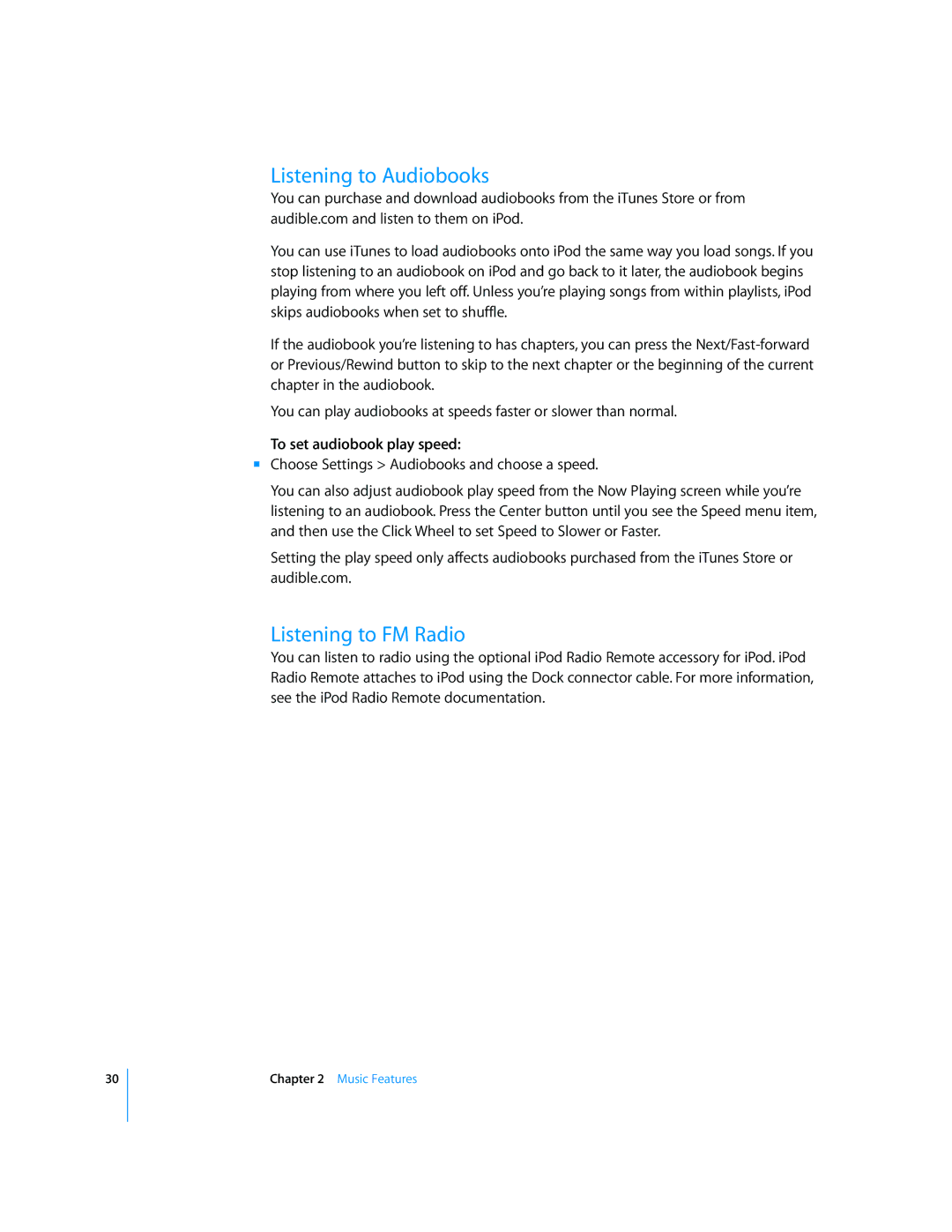 Apple 2006 manual Listening to Audiobooks, Listening to FM Radio, To set audiobook play speed 