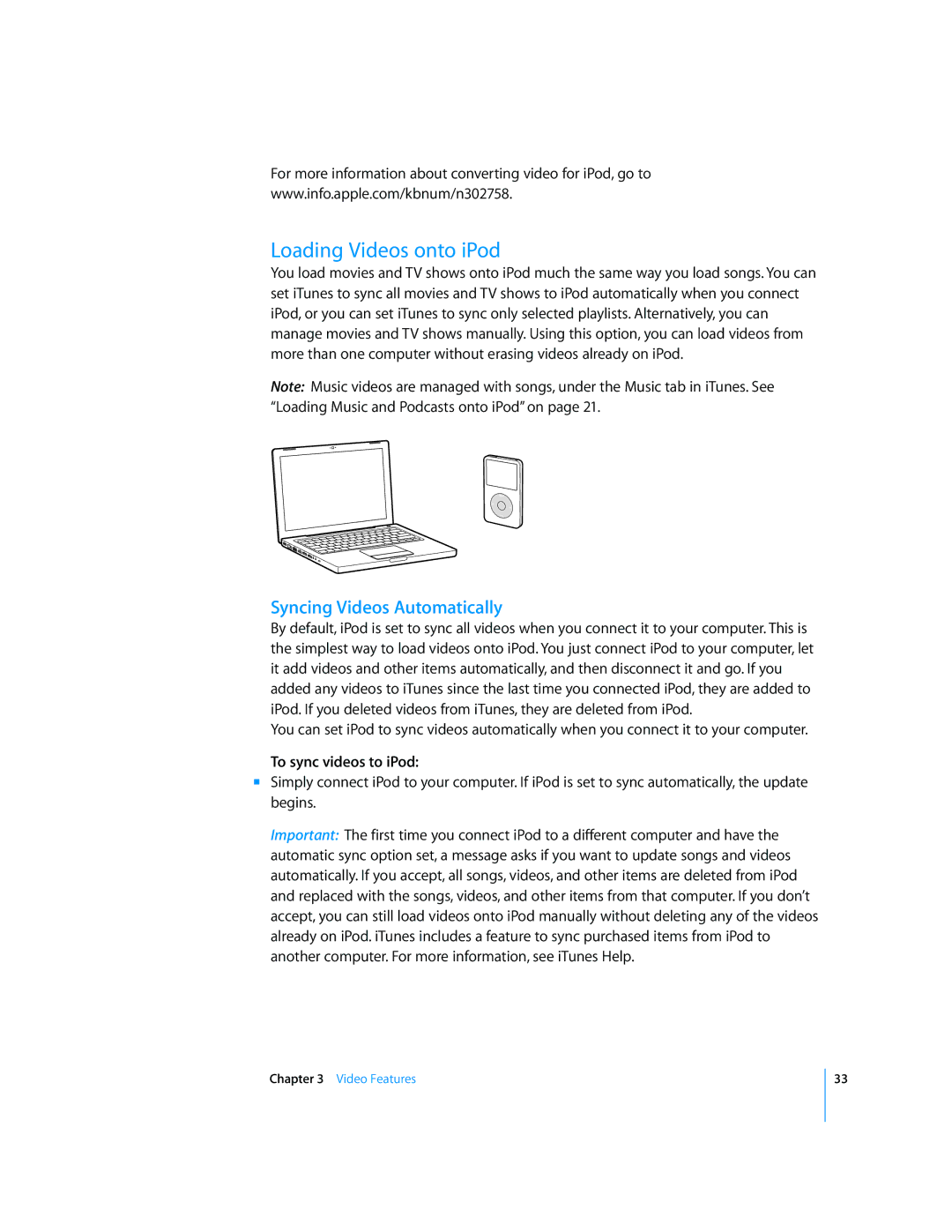 Apple 2006 manual Loading Videos onto iPod, Syncing Videos Automatically, To sync videos to iPod 