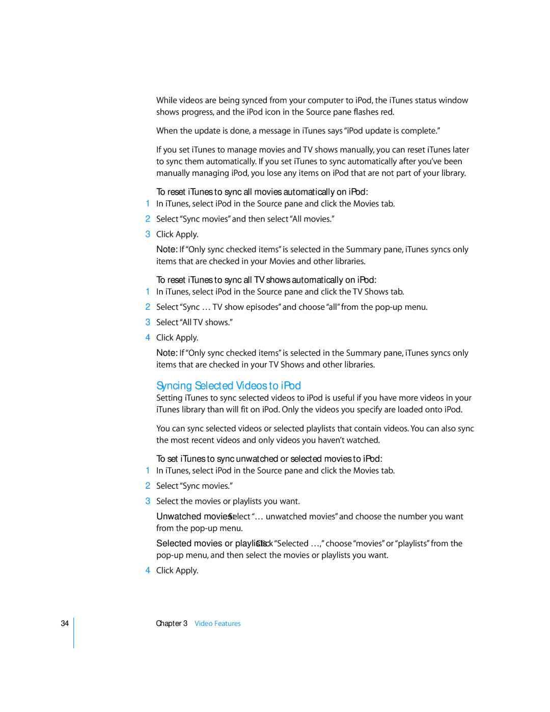 Apple 2006 manual Syncing Selected Videos to iPod, To reset iTunes to sync all movies automatically on iPod 
