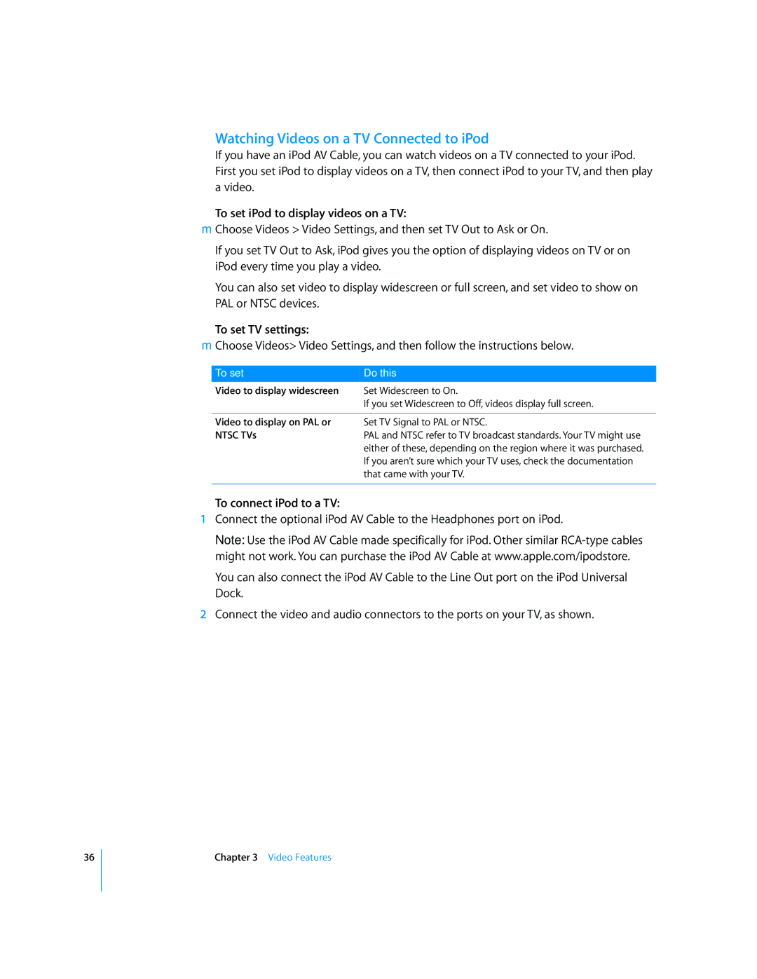 Apple 2006 manual Watching Videos on a TV Connected to iPod, To set iPod to display videos on a TV, To set TV settings 