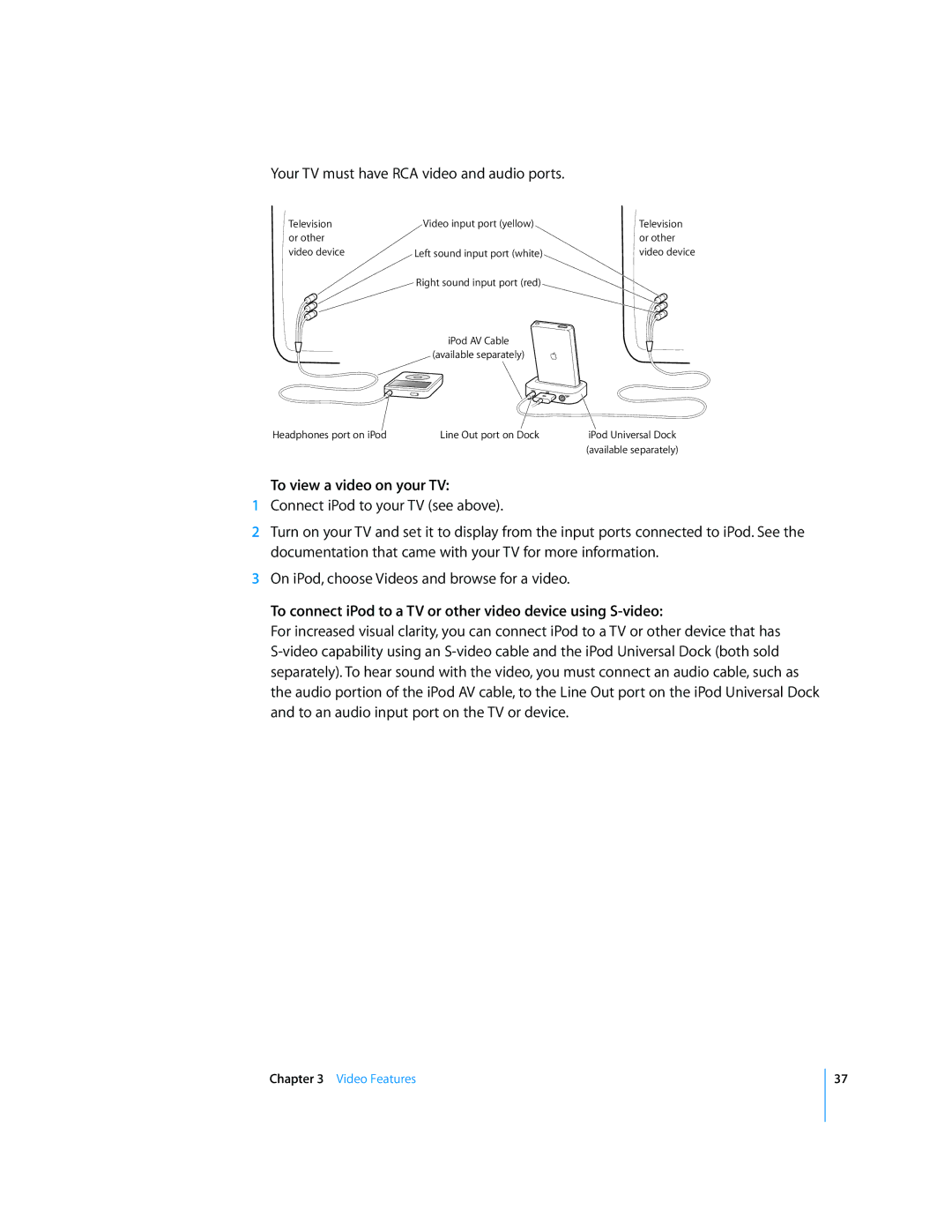 Apple 2006 manual To view a video on your TV, To connect iPod to a TV or other video device using S-video 