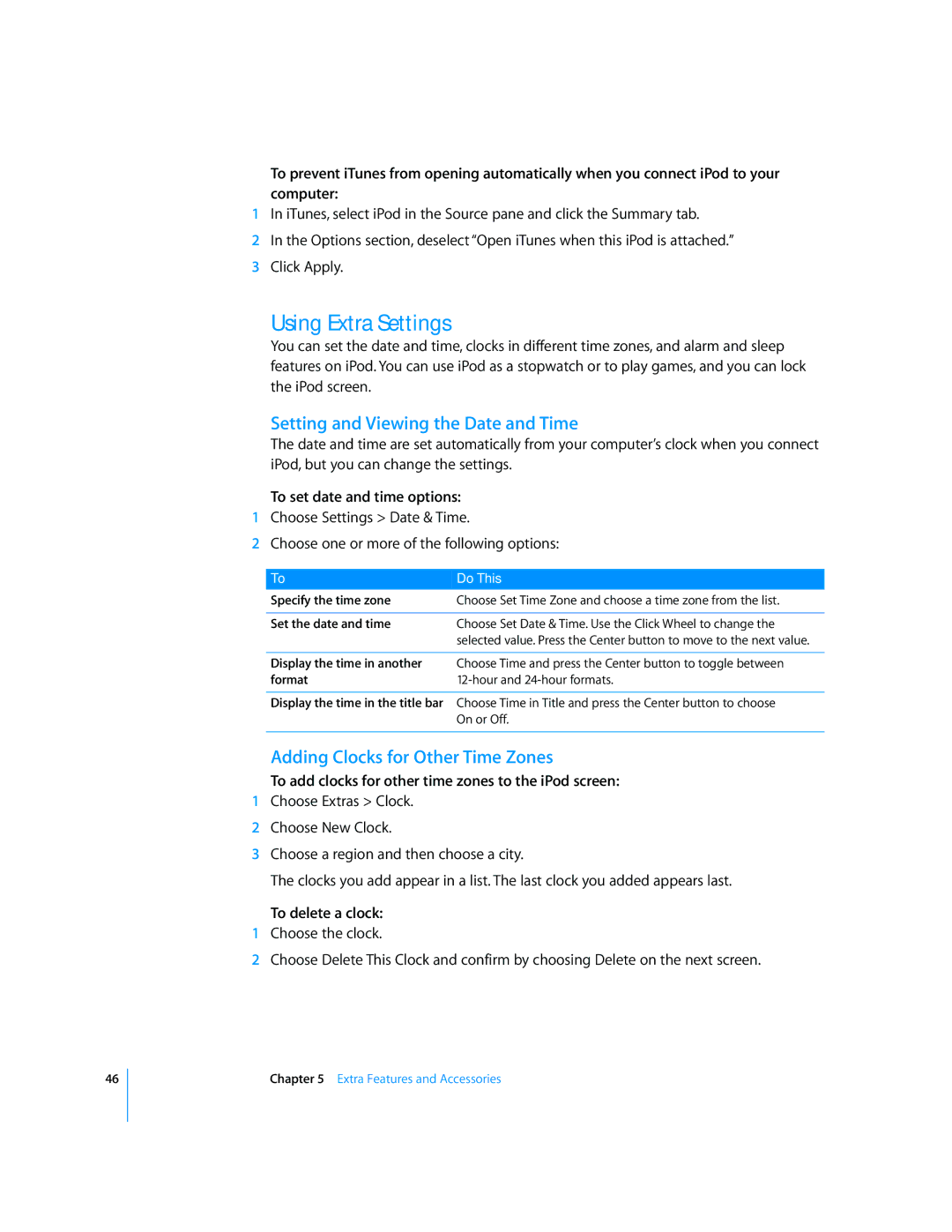 Apple 2006 manual Using Extra Settings, Setting and Viewing the Date and Time, Adding Clocks for Other Time Zones 