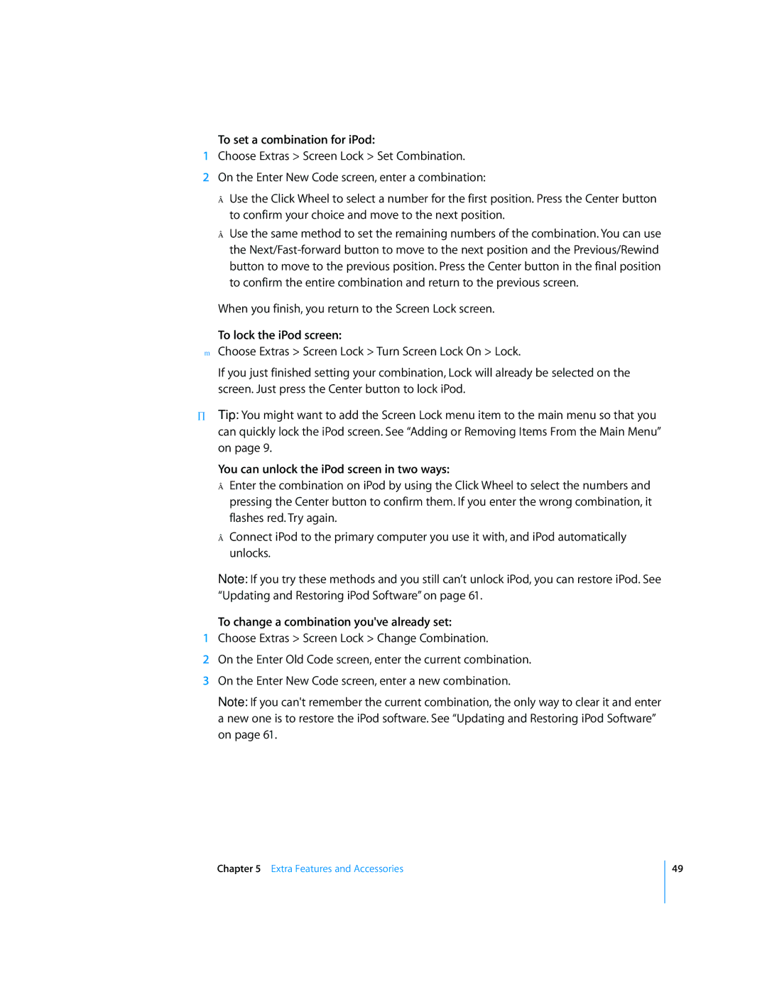 Apple 2006 manual To set a combination for iPod, To lock the iPod screen, You can unlock the iPod screen in two ways 