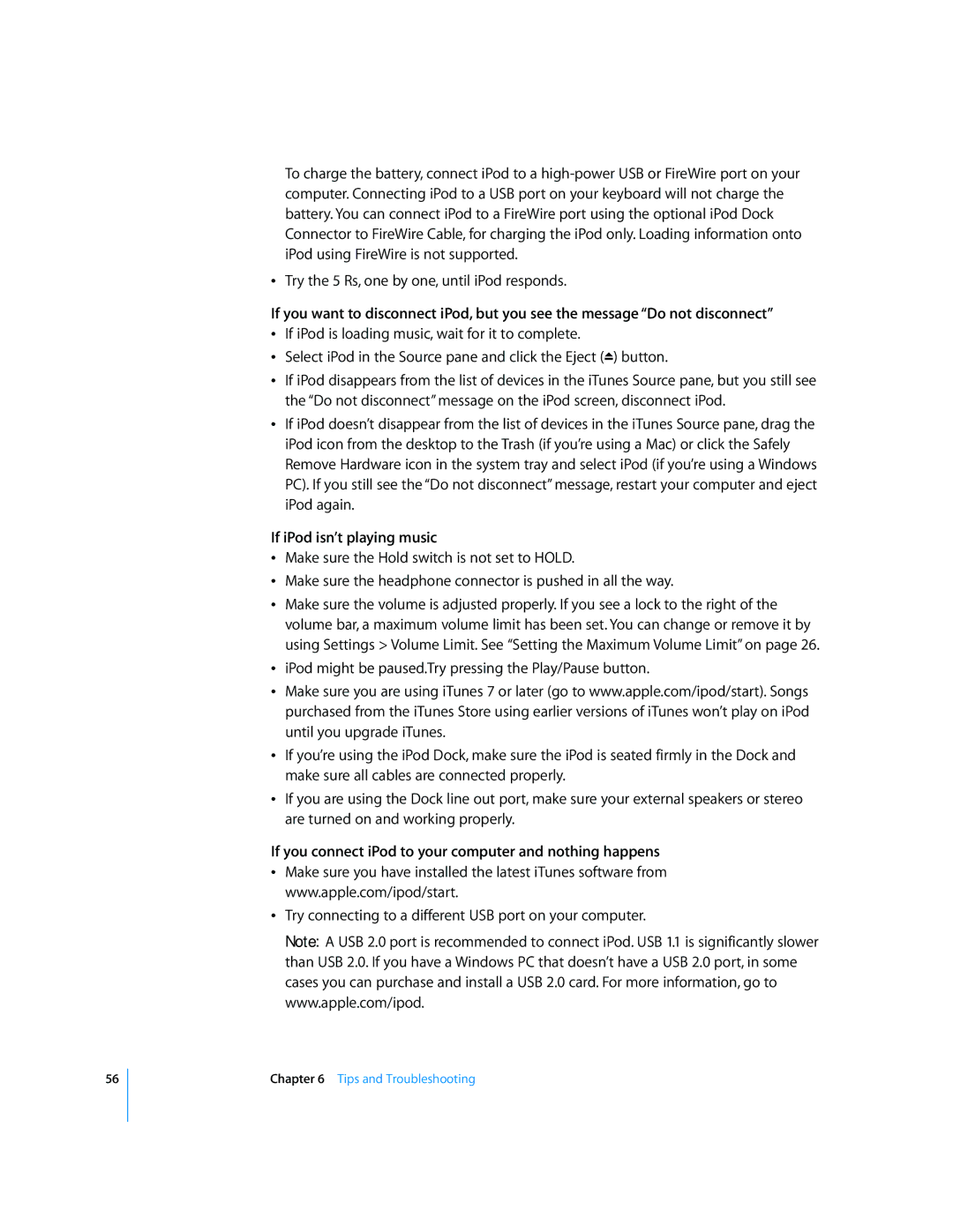 Apple 2006 manual If iPod isn’t playing music, If you connect iPod to your computer and nothing happens 