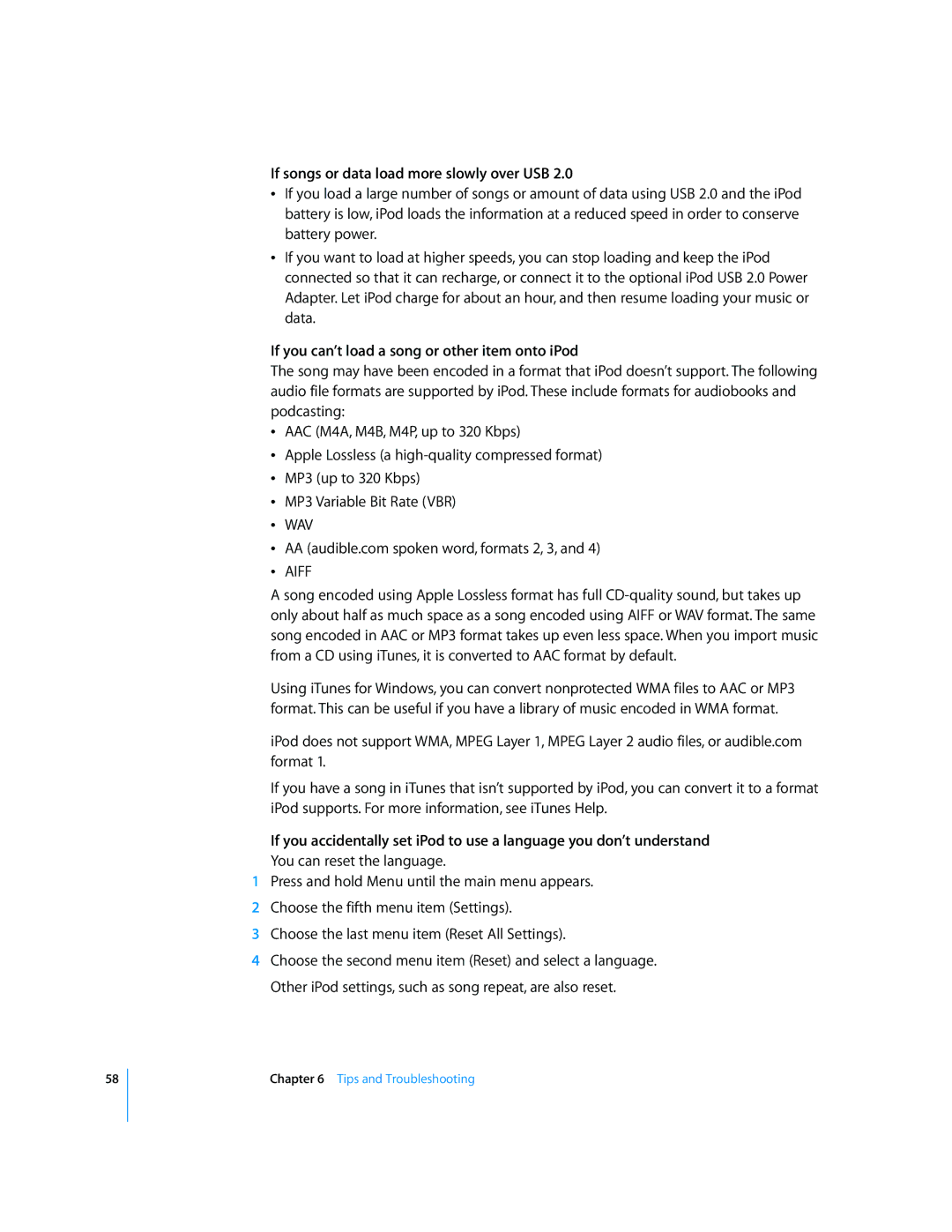 Apple 2006 manual If songs or data load more slowly over USB, If you can’t load a song or other item onto iPod 