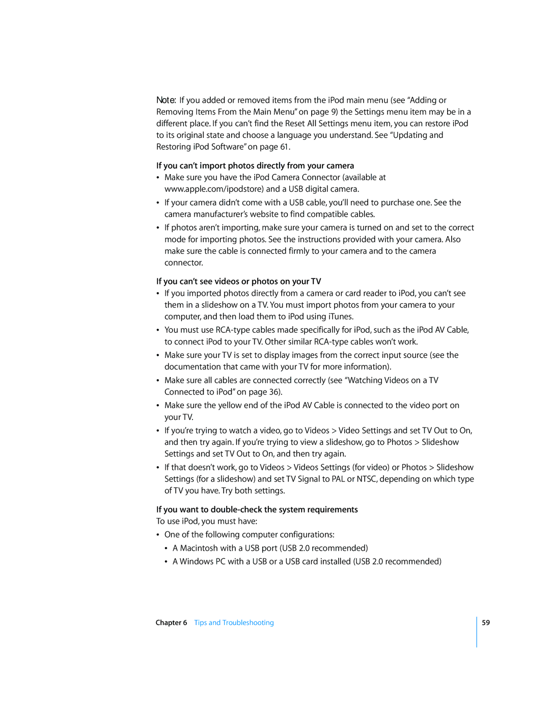 Apple 2006 manual If you can’t import photos directly from your camera, If you can’t see videos or photos on your TV 
