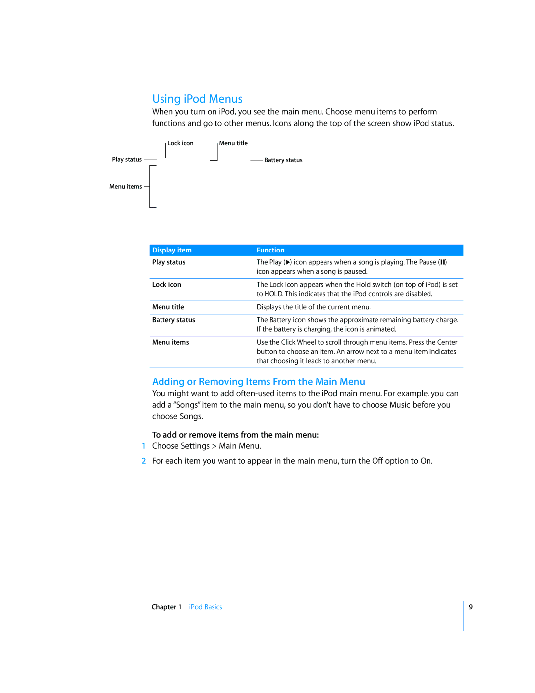 Apple 2006 manual Using iPod Menus, Adding or Removing Items From the Main Menu, To add or remove items from the main menu 