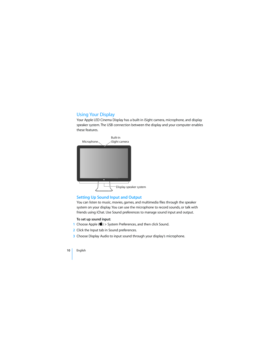 Apple 2008 manual Using Your Display, Setting Up Sound Input and Output, To set up sound input 