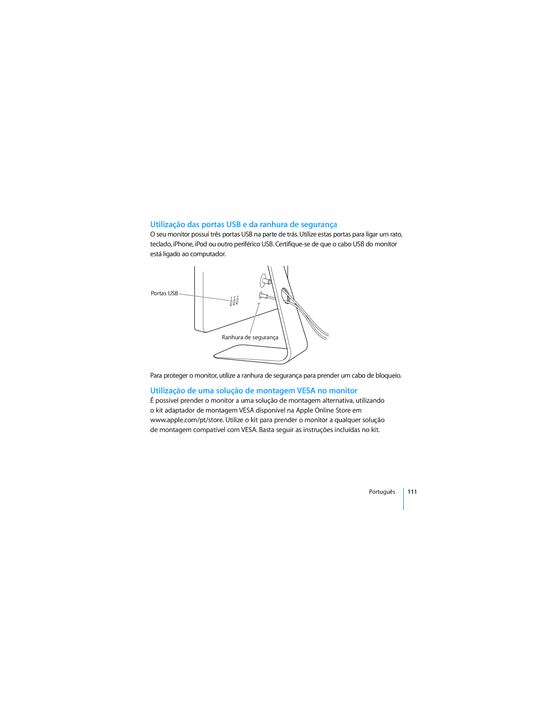 Apple 2008 Utilização das portas USB e da ranhura de segurança, Utilização de uma solução de montagem Vesa no monitor 