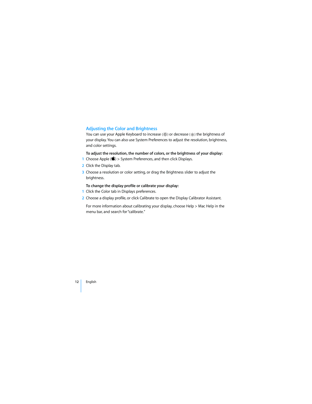 Apple 2008 manual Adjusting the Color and Brightness, To change the display profile or calibrate your display 