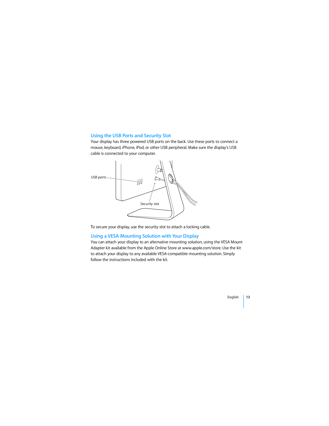 Apple 2008 manual Using the USB Ports and Security Slot, Using a Vesa Mounting Solution with Your Display 