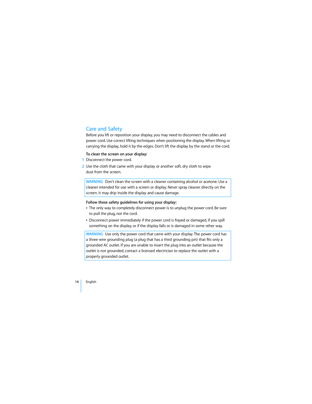 Apple 2008 Care and Safety, To clean the screen on your display, Follow these safety guidelines for using your display 