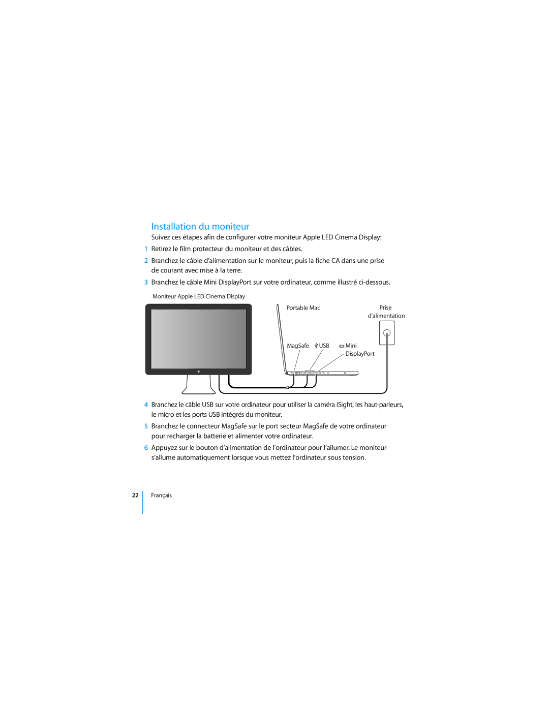 Apple 2008 manual Installation du moniteur 