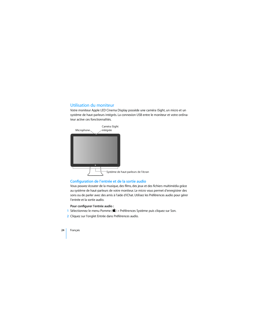 Apple 2008 manual Utilisation du moniteur, Configuration de l’entrée et de la sortie audio, Pour configurer l’entrée audio 