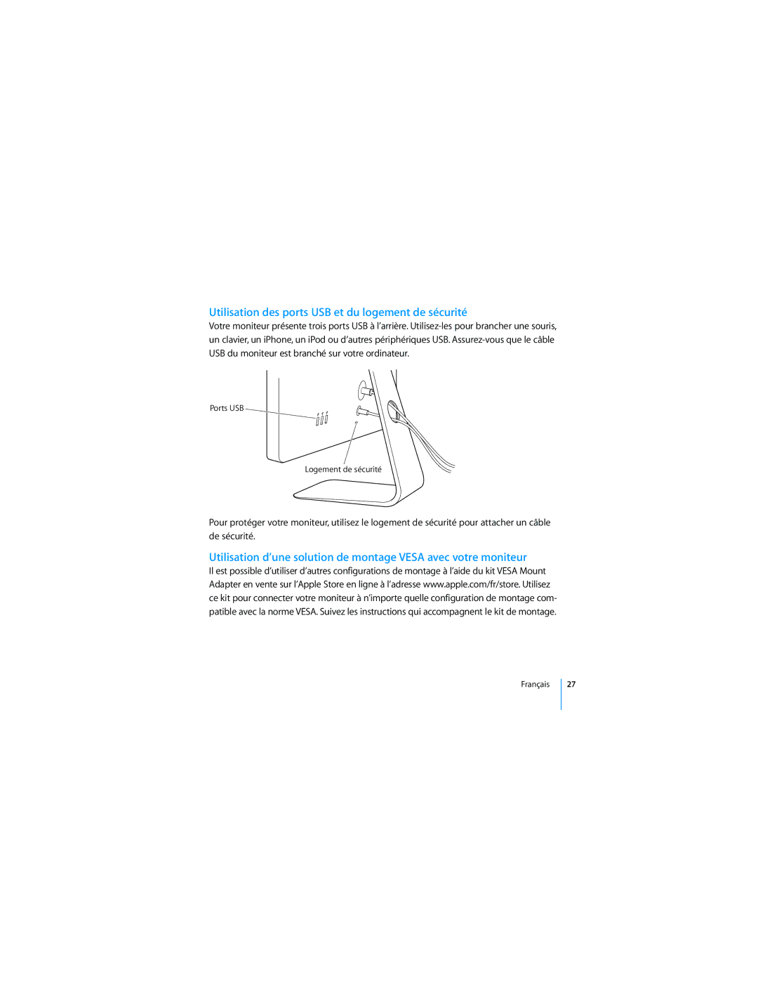 Apple 2008 manual Utilisation des ports USB et du logement de sécurité 