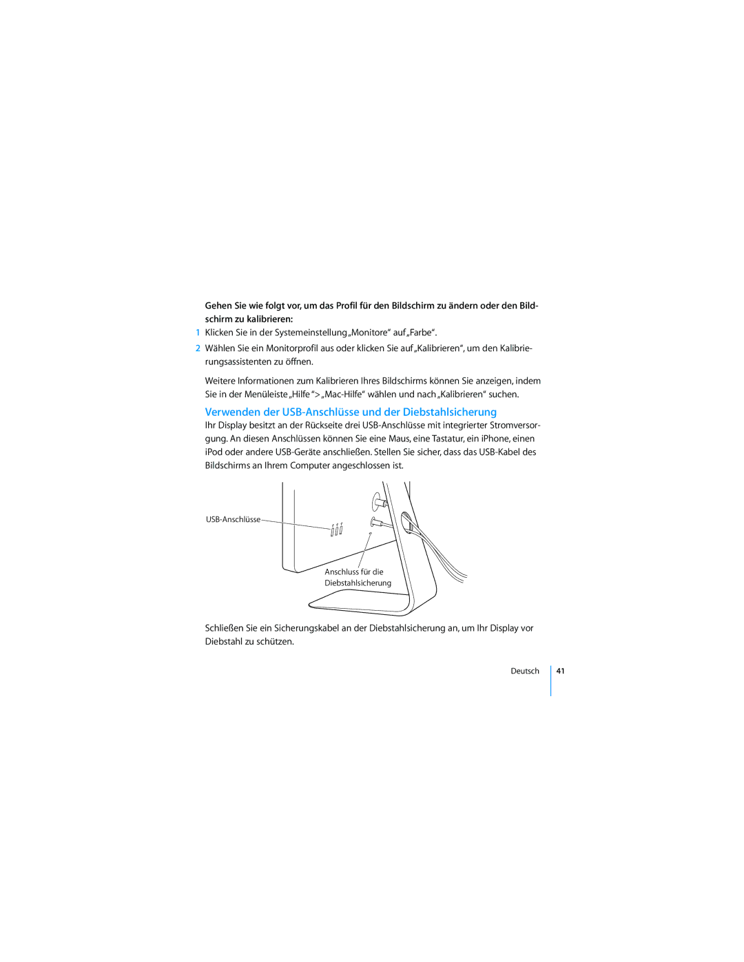 Apple 2008 manual Verwenden der USB-Anschlüsse und der Diebstahlsicherung 