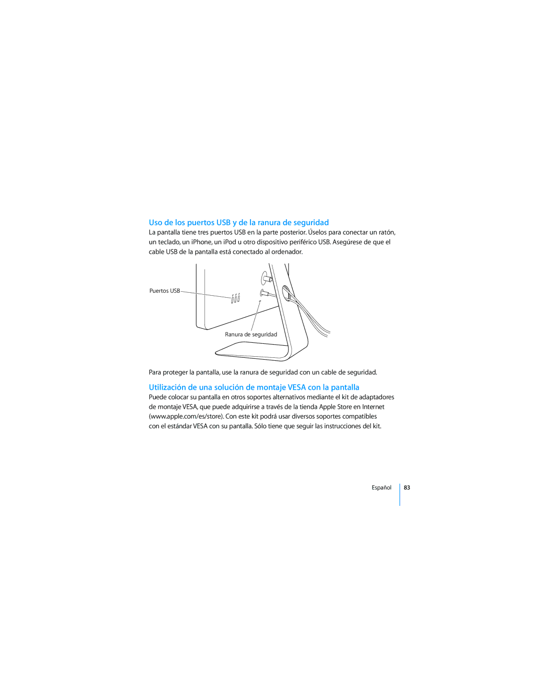 Apple 2008 Uso de los puertos USB y de la ranura de seguridad, Utilización de una solución de montaje Vesa con la pantalla 