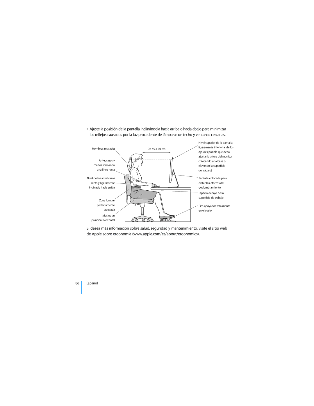 Apple 2008 manual Antebrazos y Manos formando Una línea recta 