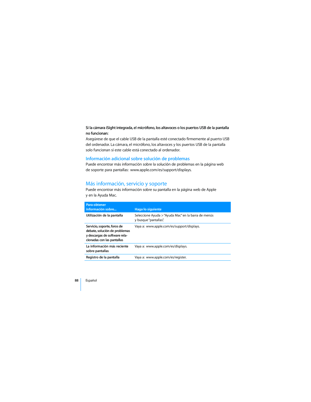 Apple 2008 manual Más información, servicio y soporte, Información adicional sobre solución de problemas 