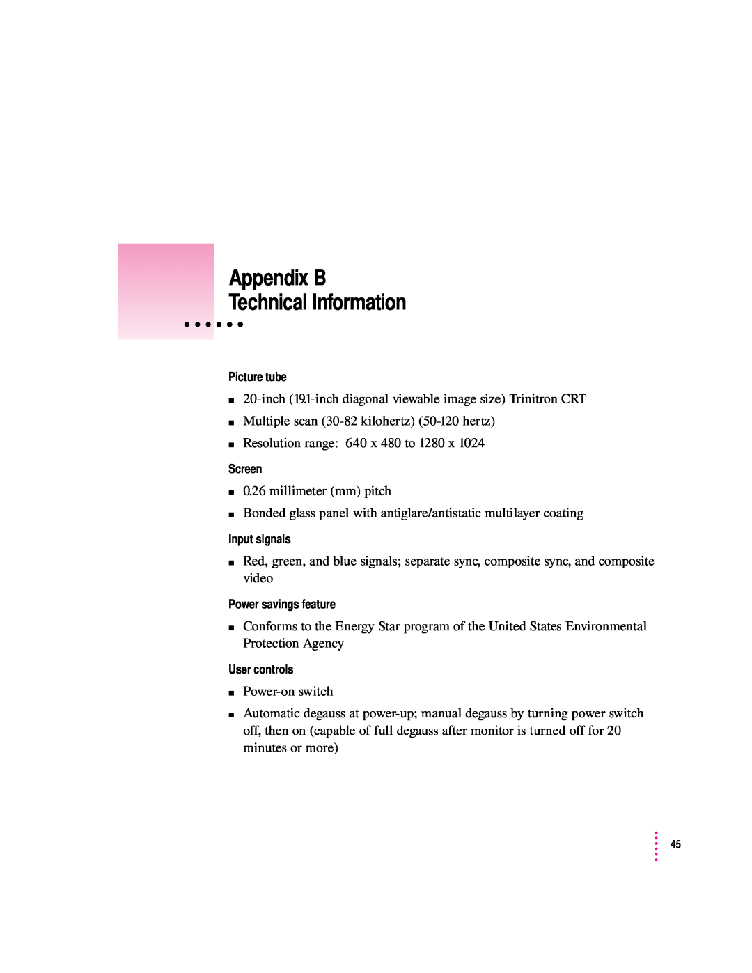 Apple 20Display manual Appendix B Technical Information 