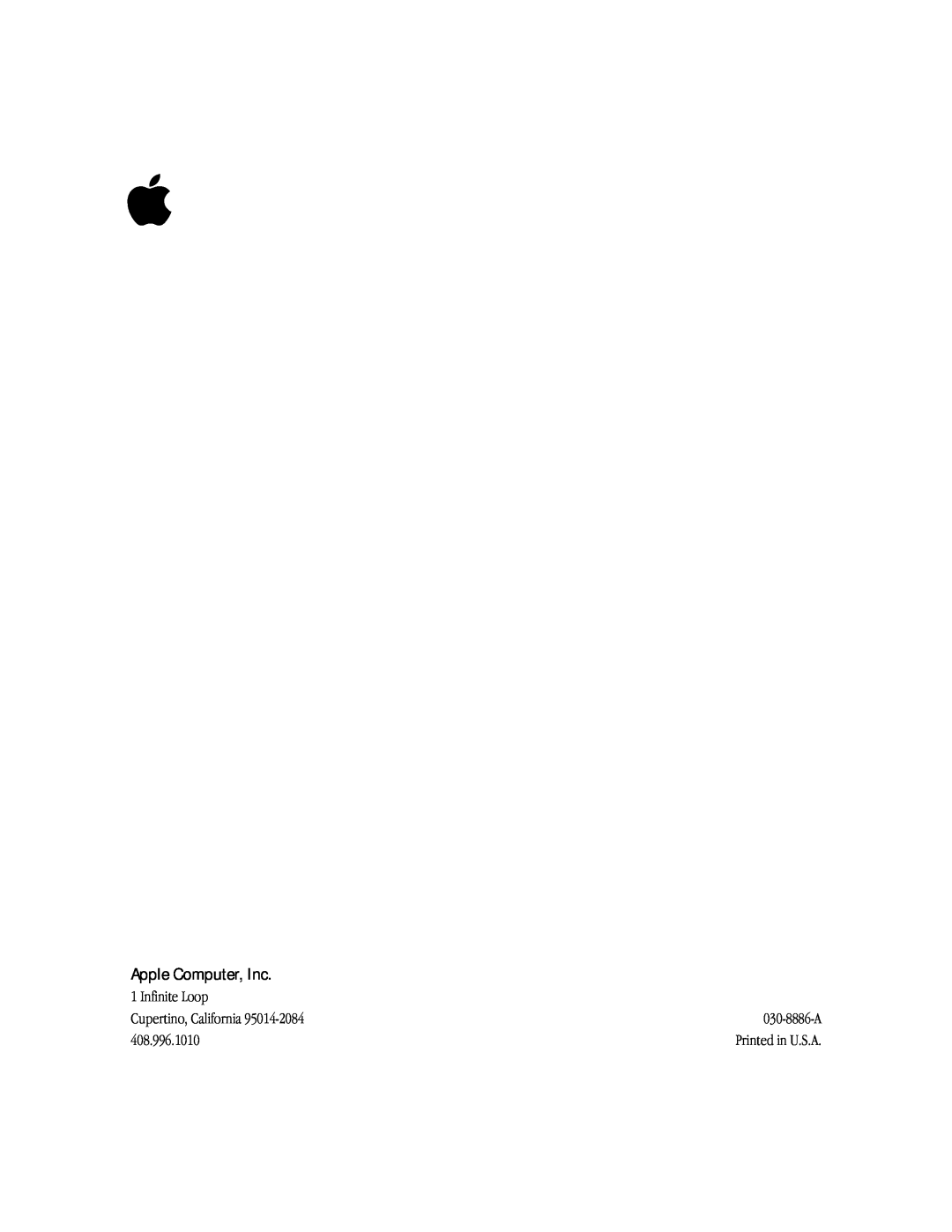 Apple 20Display Apple Computer, Inc, Infinite Loop, Cupertino, California, 030-8886-A, 408.996.1010, Printed in U.S.A 