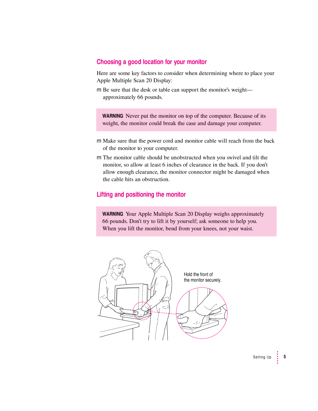 Apple 20Display manual Choosing a good location for your monitor, Lifting and positioning the monitor 