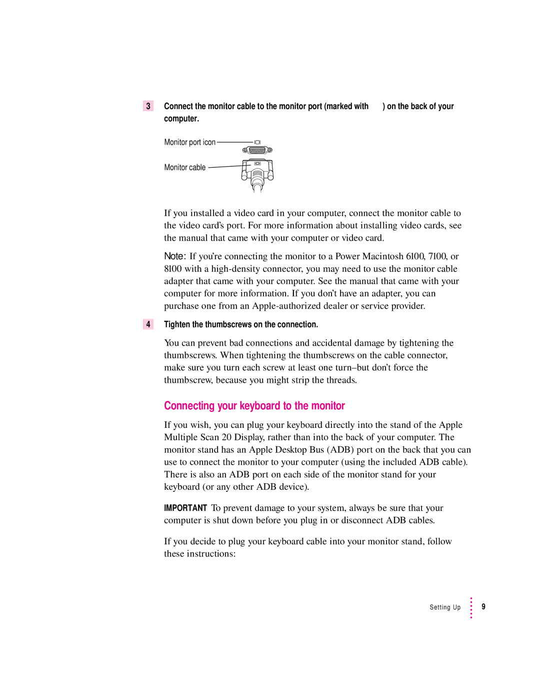 Apple 20Display manual Connecting your keyboard to the monitor, Tighten the thumbscrews on the connection 