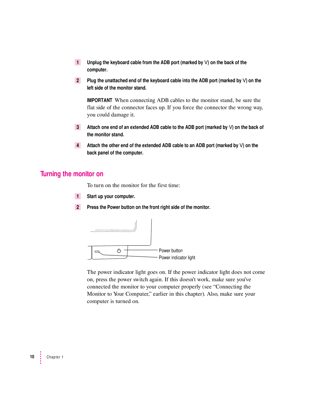 Apple 20Display manual Turning the monitor on, To turn on the monitor for the first time 