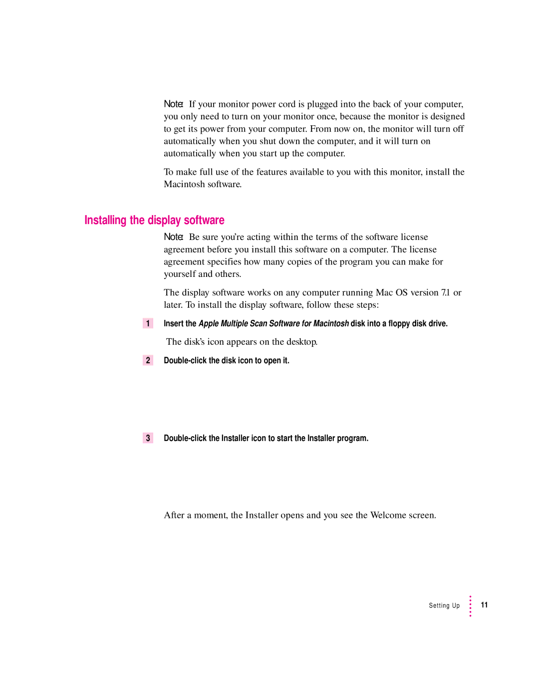 Apple 20Display manual Installing the display software, Disk’s icon appears on the desktop 