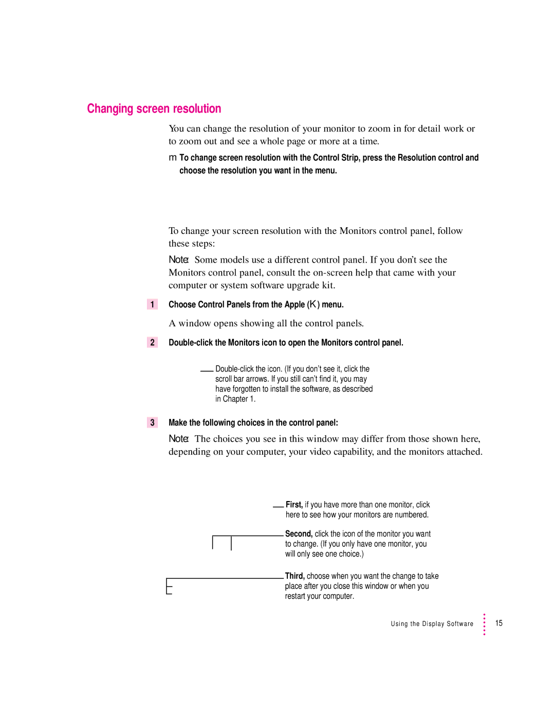 Apple 20Display manual Changing screen resolution, Window opens showing all the control panels 