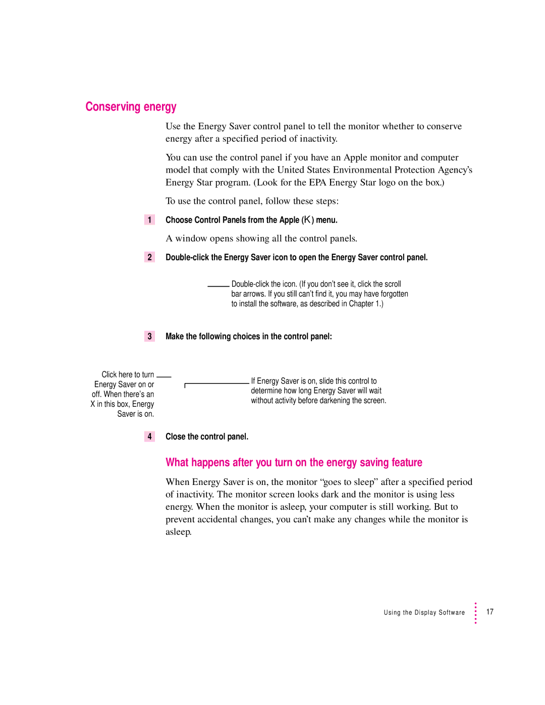 Apple 20Display manual Conserving energy, What happens after you turn on the energy saving feature, Close the control panel 