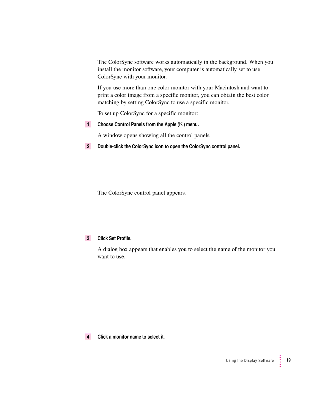 Apple 20Display manual ColorSync control panel appears, Click Set Profile, Click a monitor name to select it 