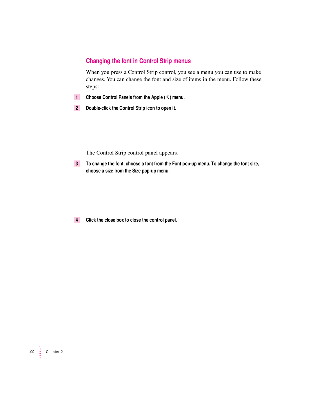 Apple 20Display manual Changing the font in Control Strip menus 