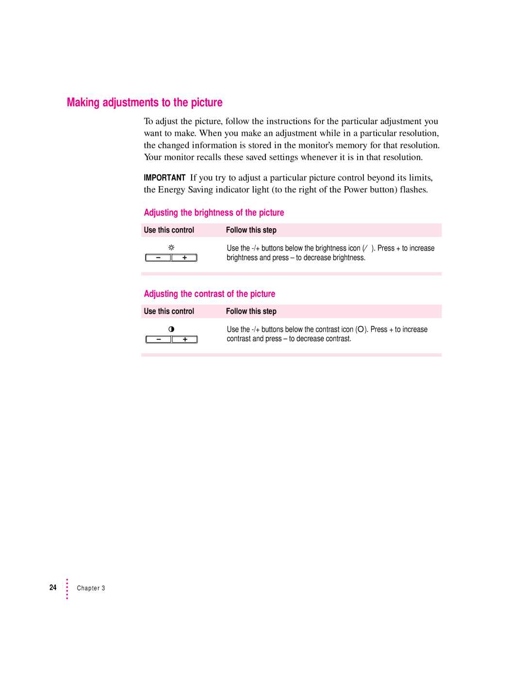 Apple 20Display manual Making adjustments to the picture, Adjusting the brightness of the picture 