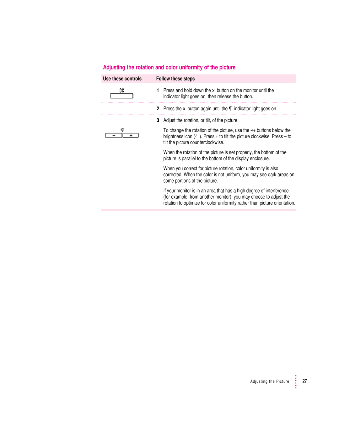 Apple 20Display manual Adjusting the rotation and color uniformity of the picture 