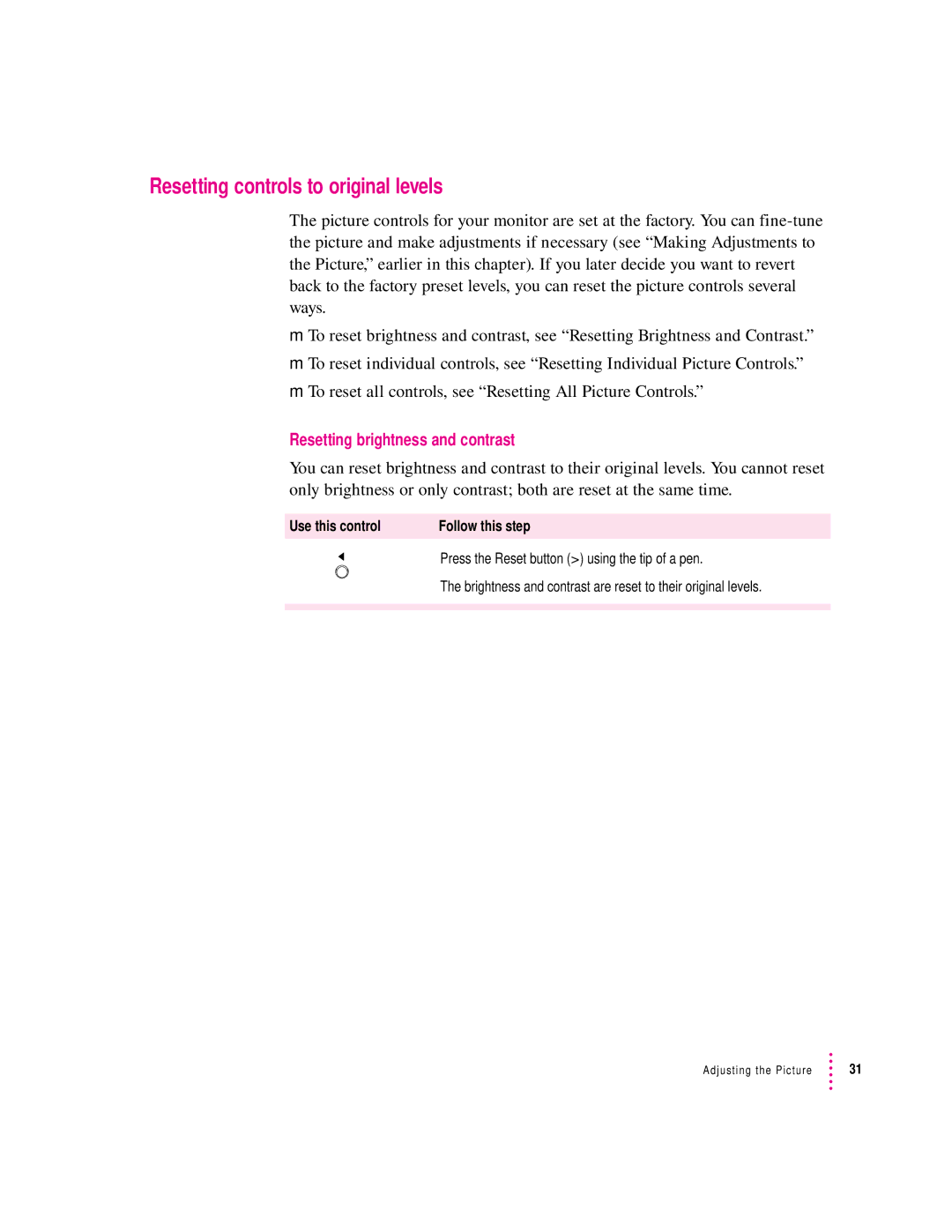 Apple 20Display manual Resetting controls to original levels, Resetting brightness and contrast 