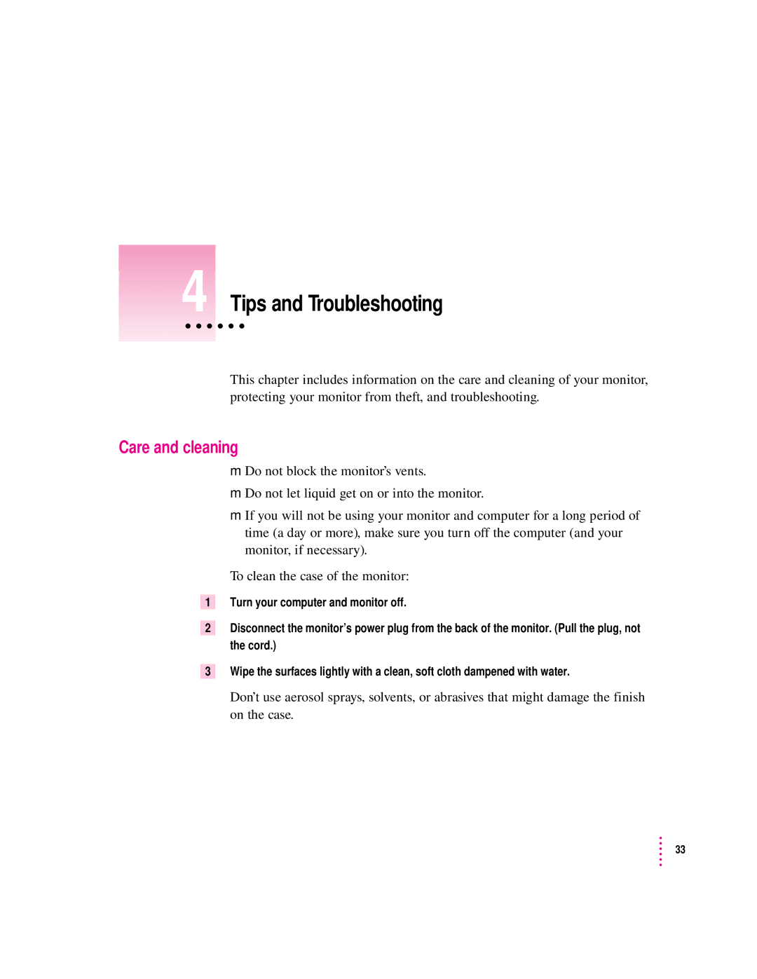 Apple 20Display manual Tips and Troubleshooting, Care and cleaning 