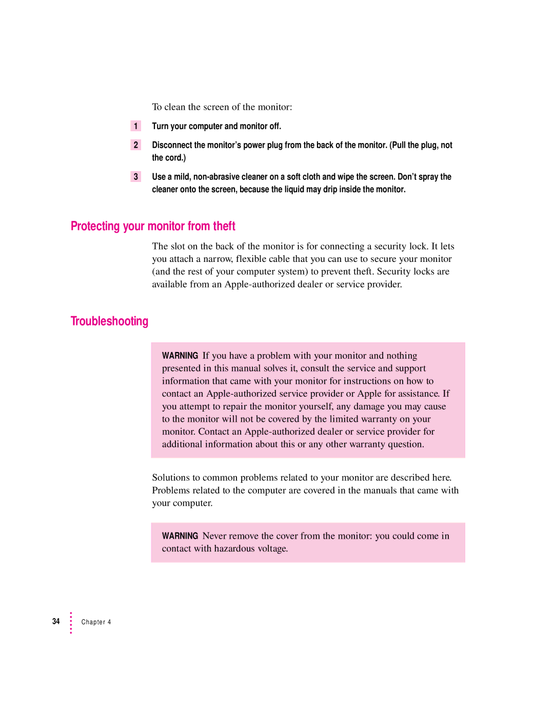 Apple 20Display manual Protecting your monitor from theft, Troubleshooting, To clean the screen of the monitor 