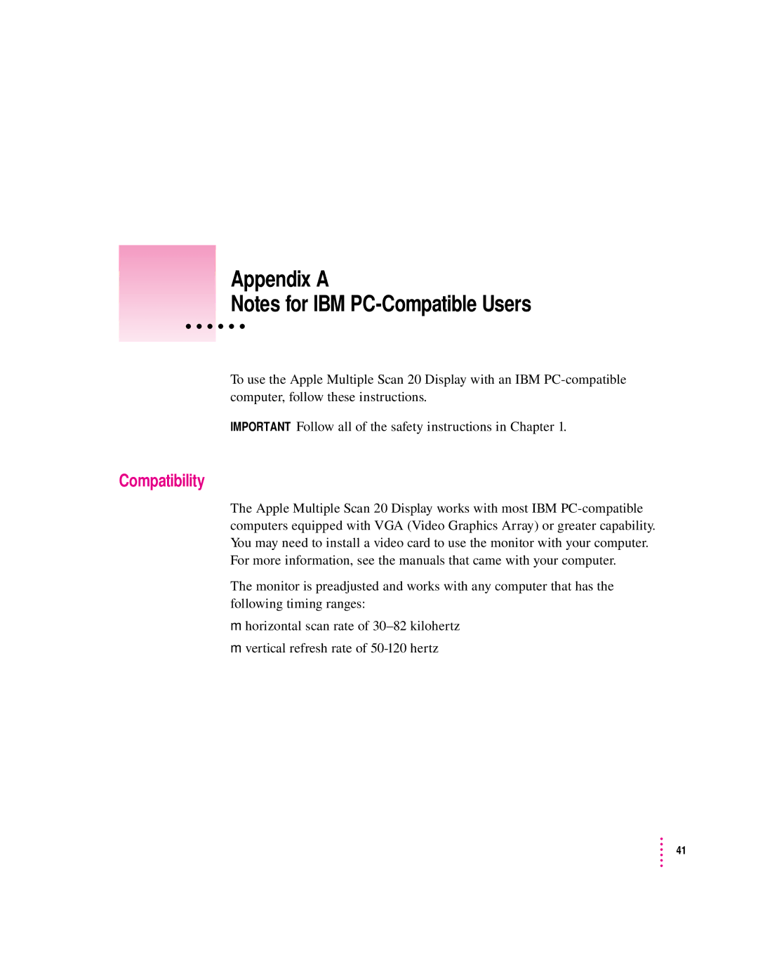 Apple 20Display manual Appendix a, Compatibility 