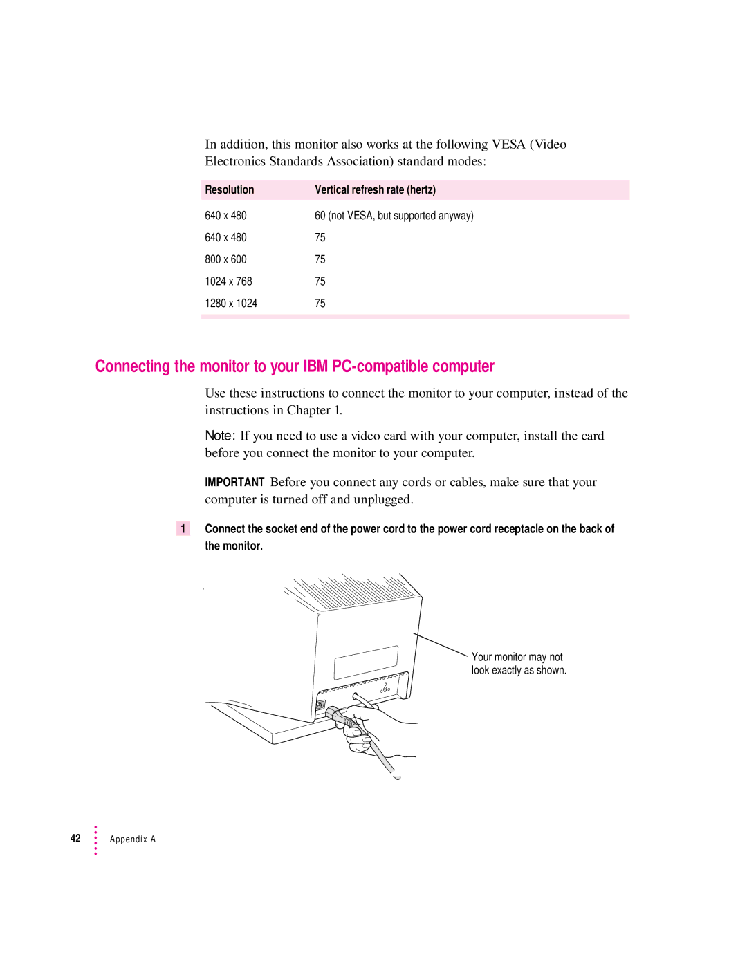 Apple 20Display manual Connecting the monitor to your IBM PC-compatible computer, Resolution Vertical refresh rate hertz 