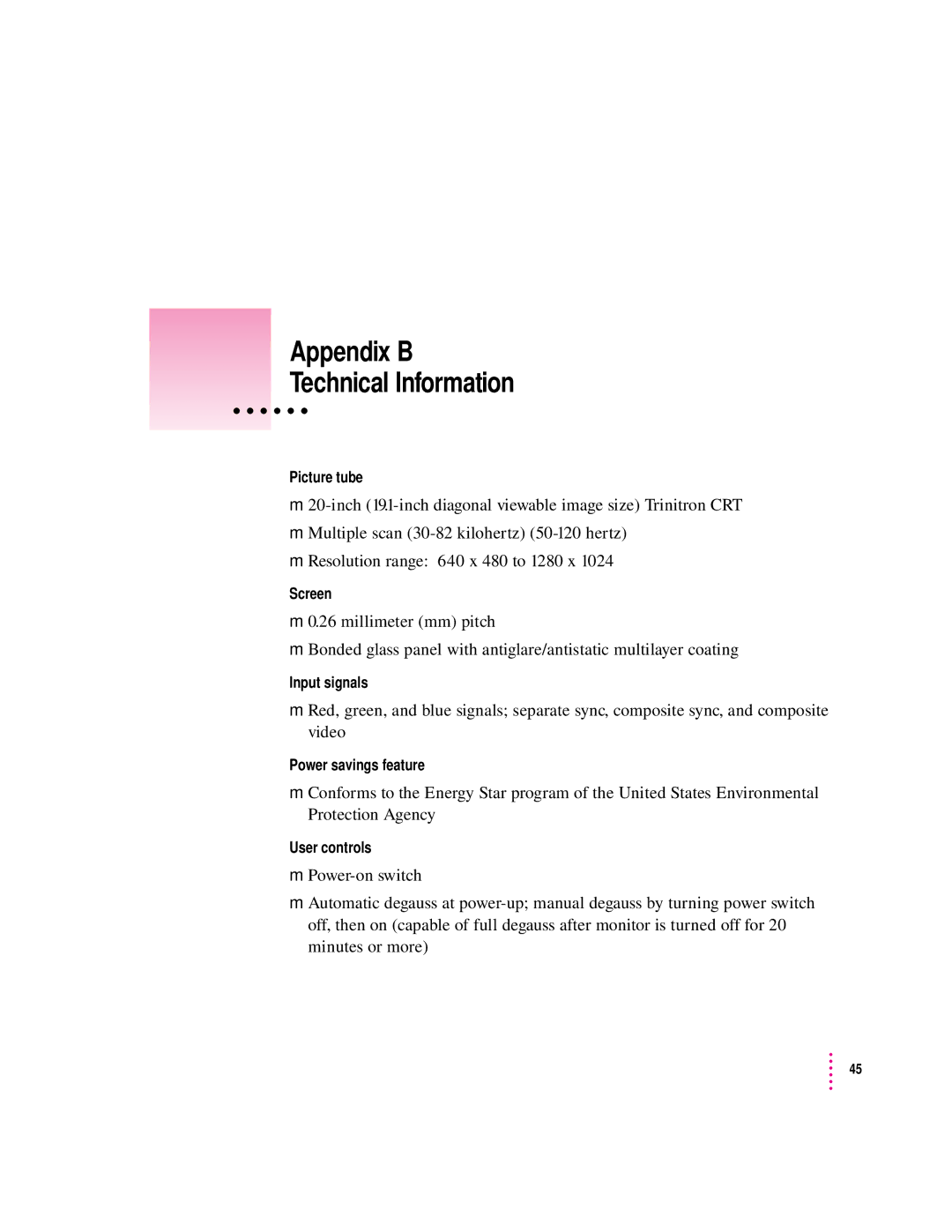 Apple 20Display manual Appendix B Technical Information 